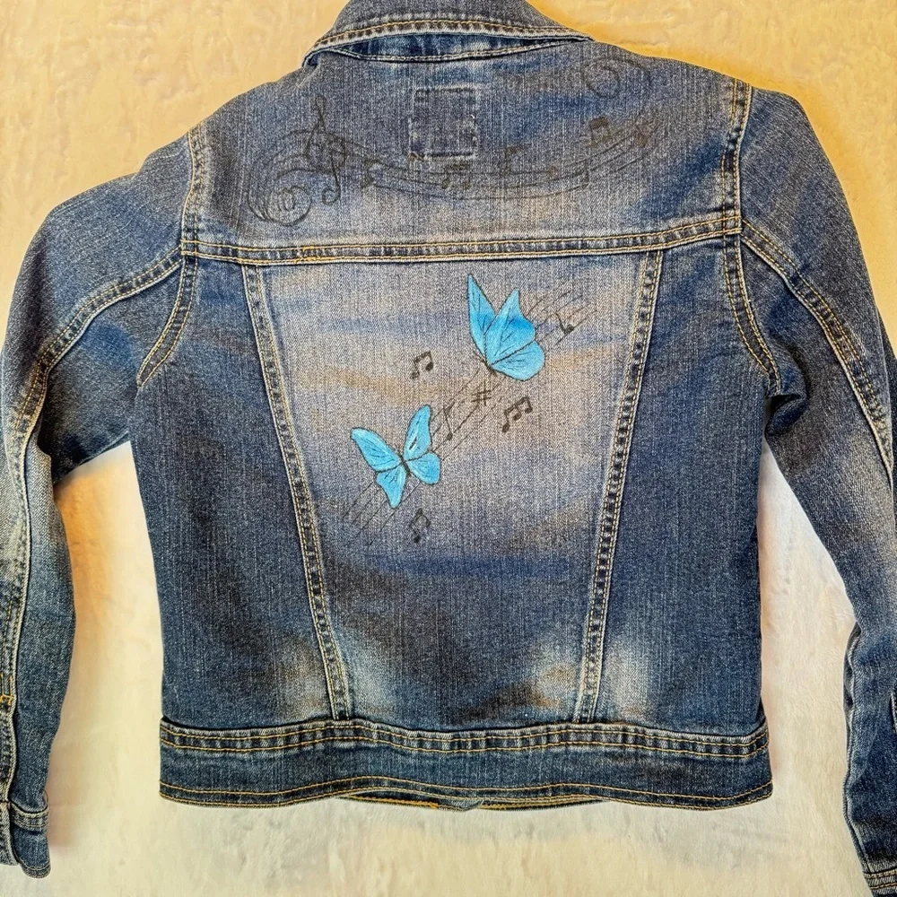 Jean Jacket Painted Piano Keys Music Notes Butterflies Upcycled Denim Girls Med